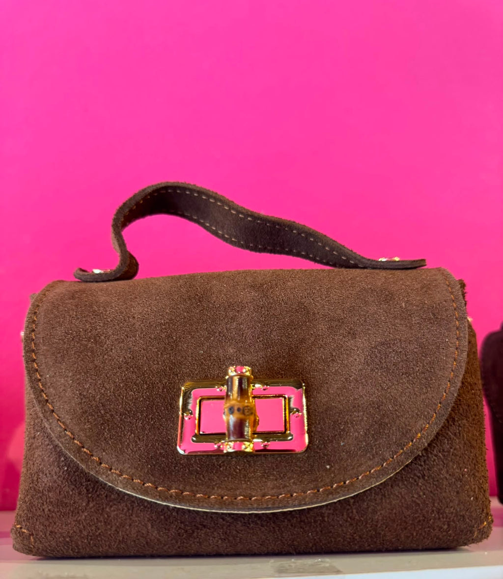 Borsa Eddy in vera pelle con tracolla metallica e inserto bambù hardware dorato