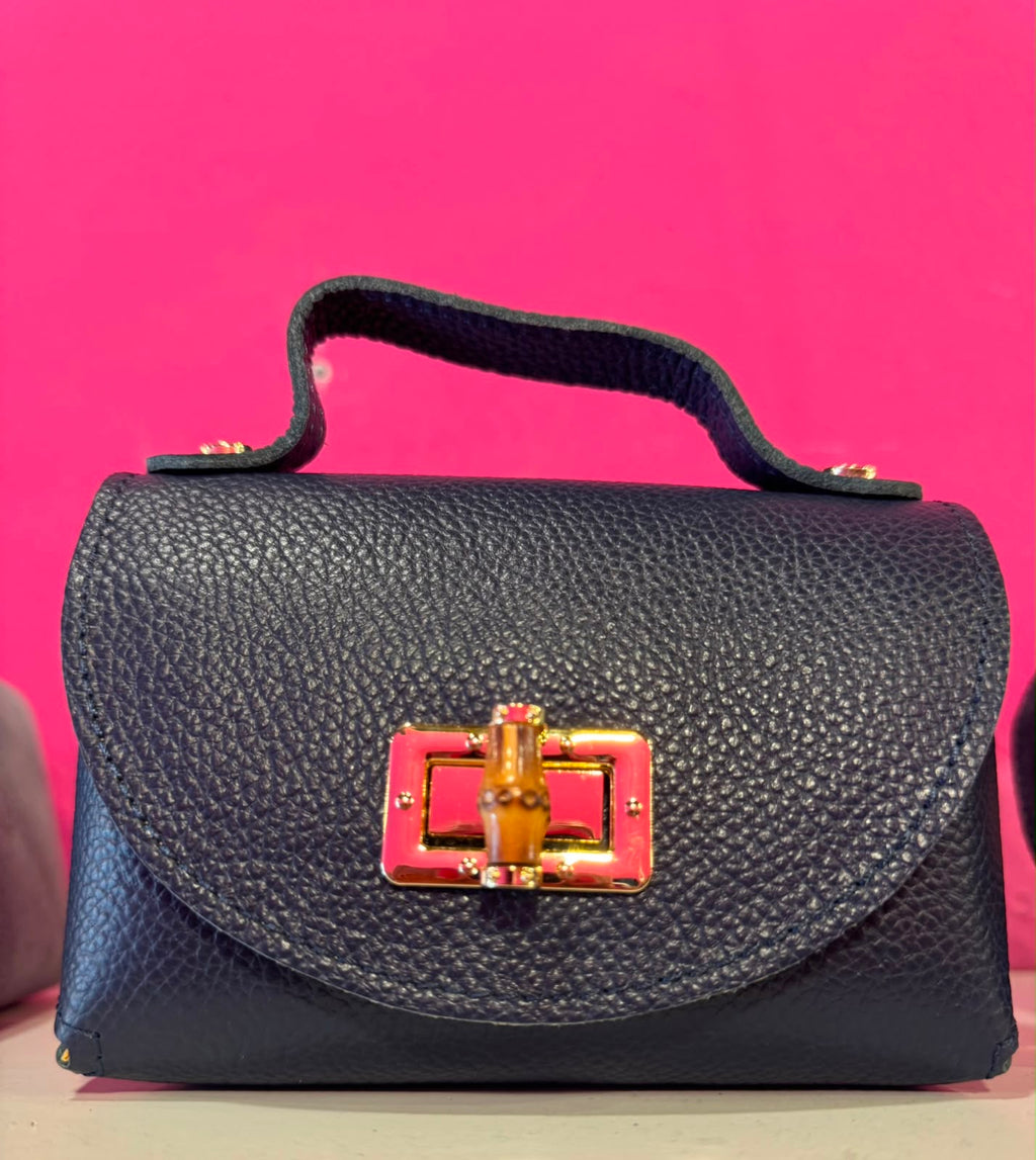 Borsa Eddy in vera pelle con tracolla metallica e inserto bambù hardware dorato