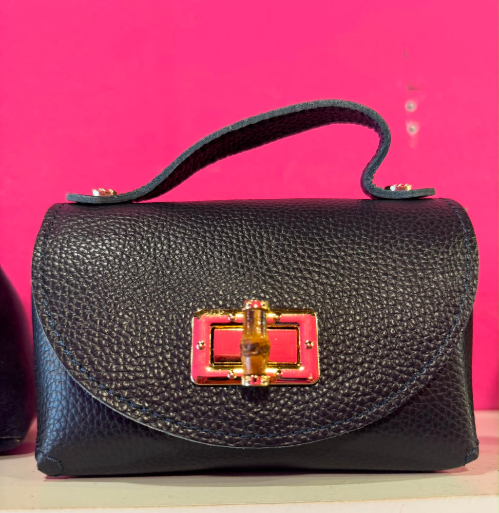 Borsa Eddy in vera pelle con tracolla metallica e inserto bambù hardware dorato