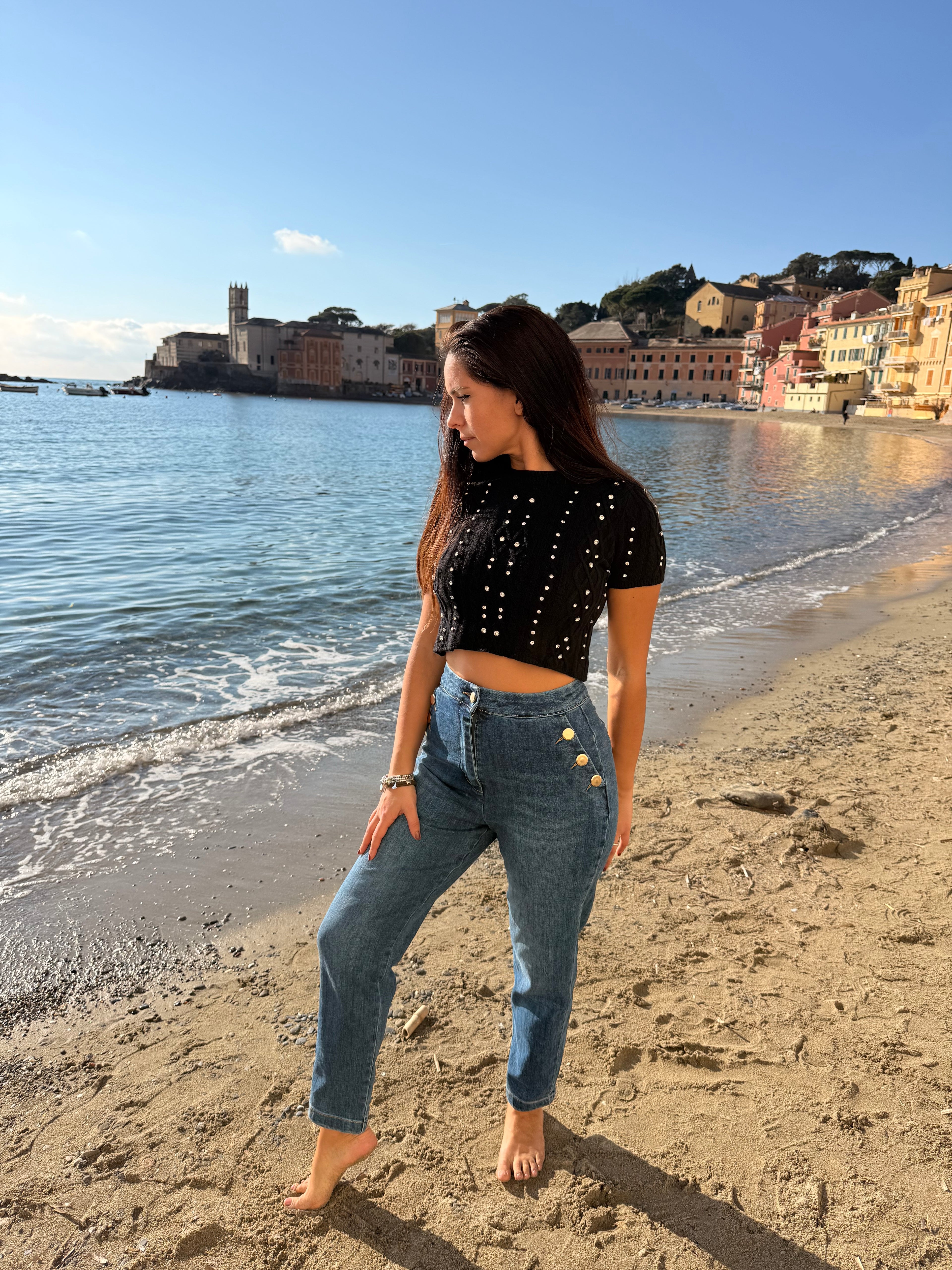 Jeans denim blu elegante elasticizzato con bottoni laterali oro