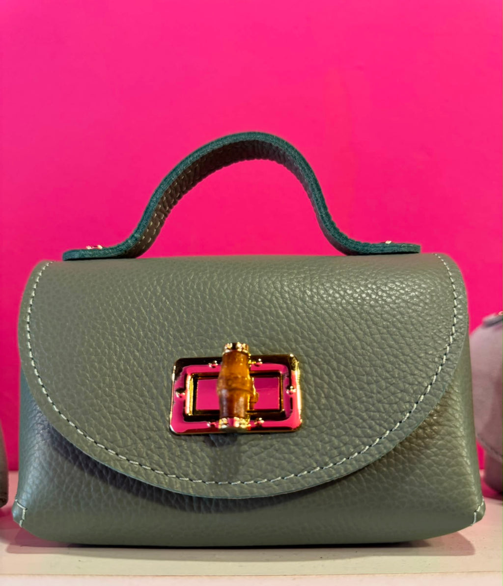 Borsa Eddy in vera pelle con tracolla metallica e inserto bambù hardware dorato