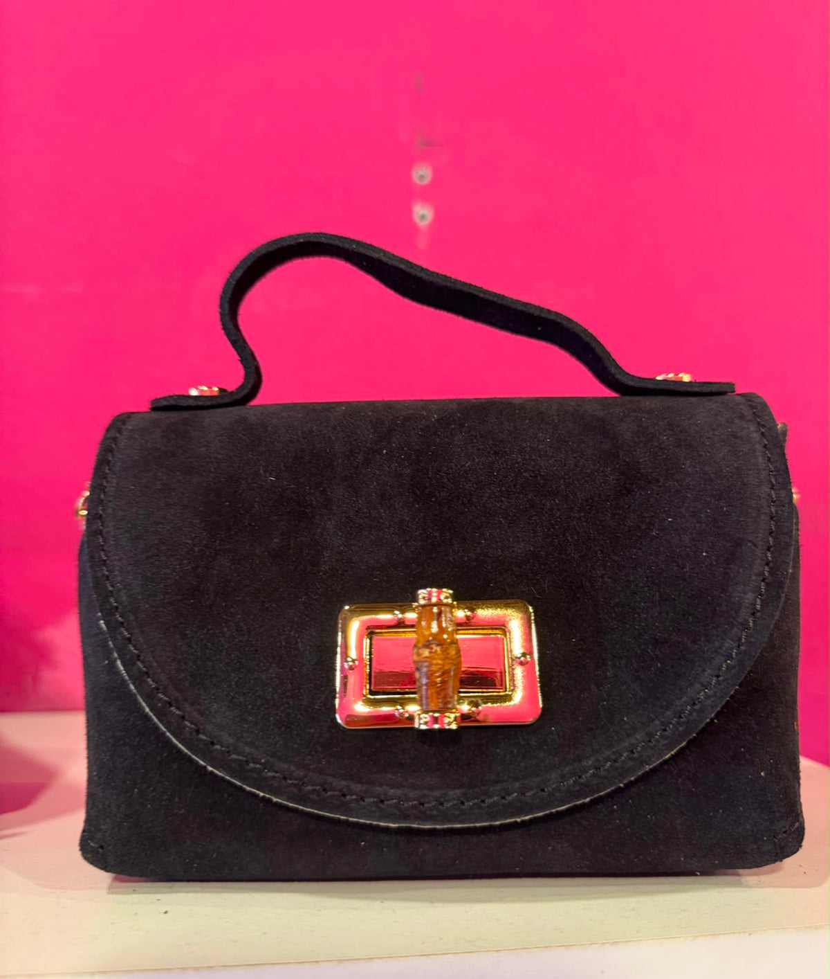 Borsa Eddy in vera pelle con tracolla metallica e inserto bambù hardware dorato