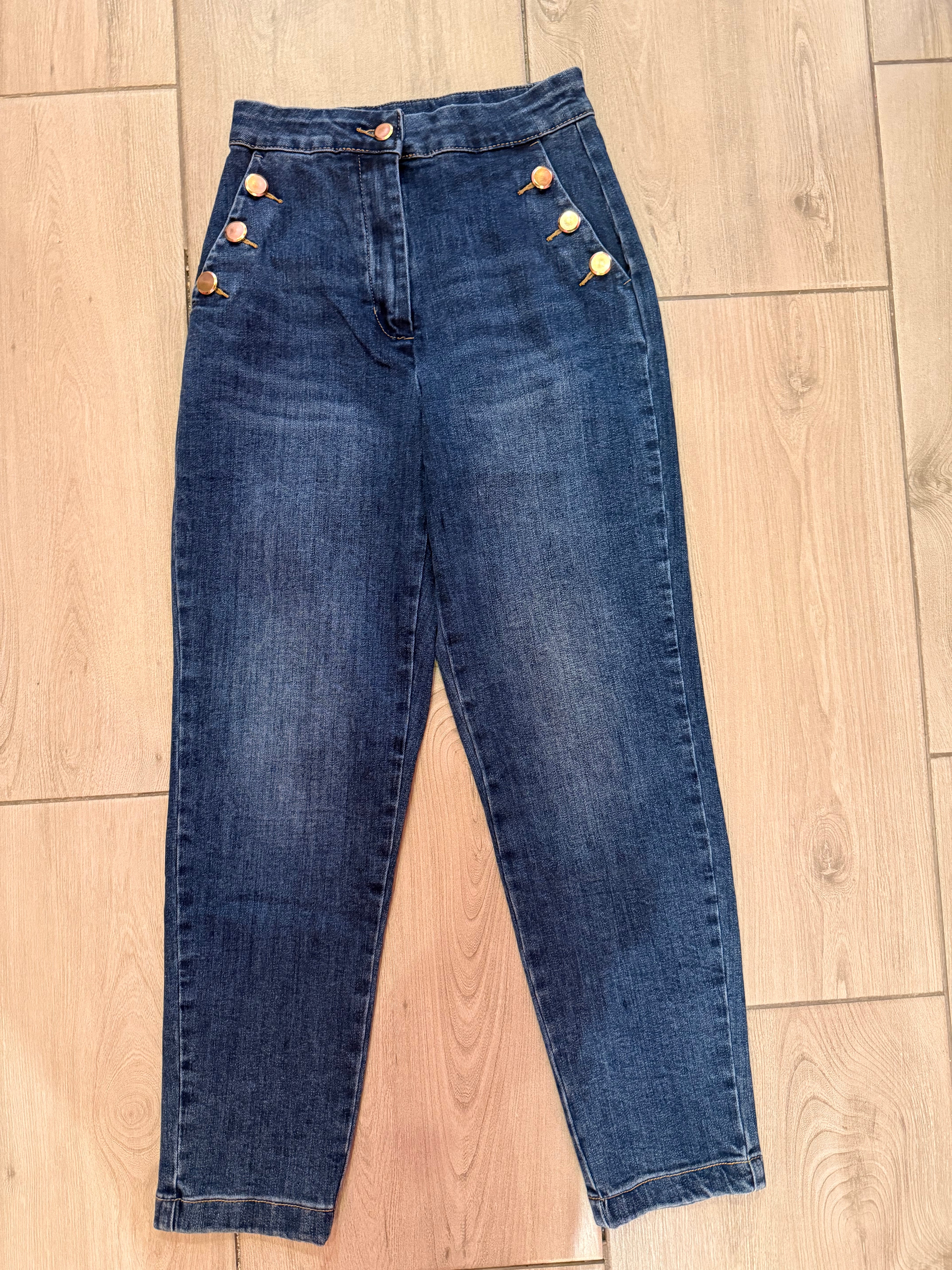 Jeans denim blu elegante elasticizzato con bottoni laterali oro