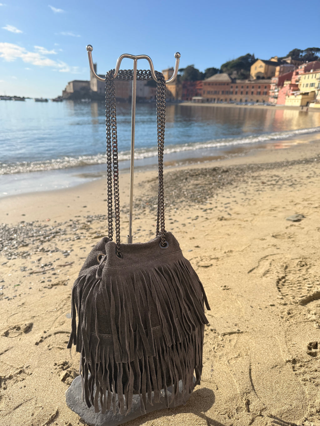 Borsa Barbara in Vera Pelle con frange e tracolla metallica