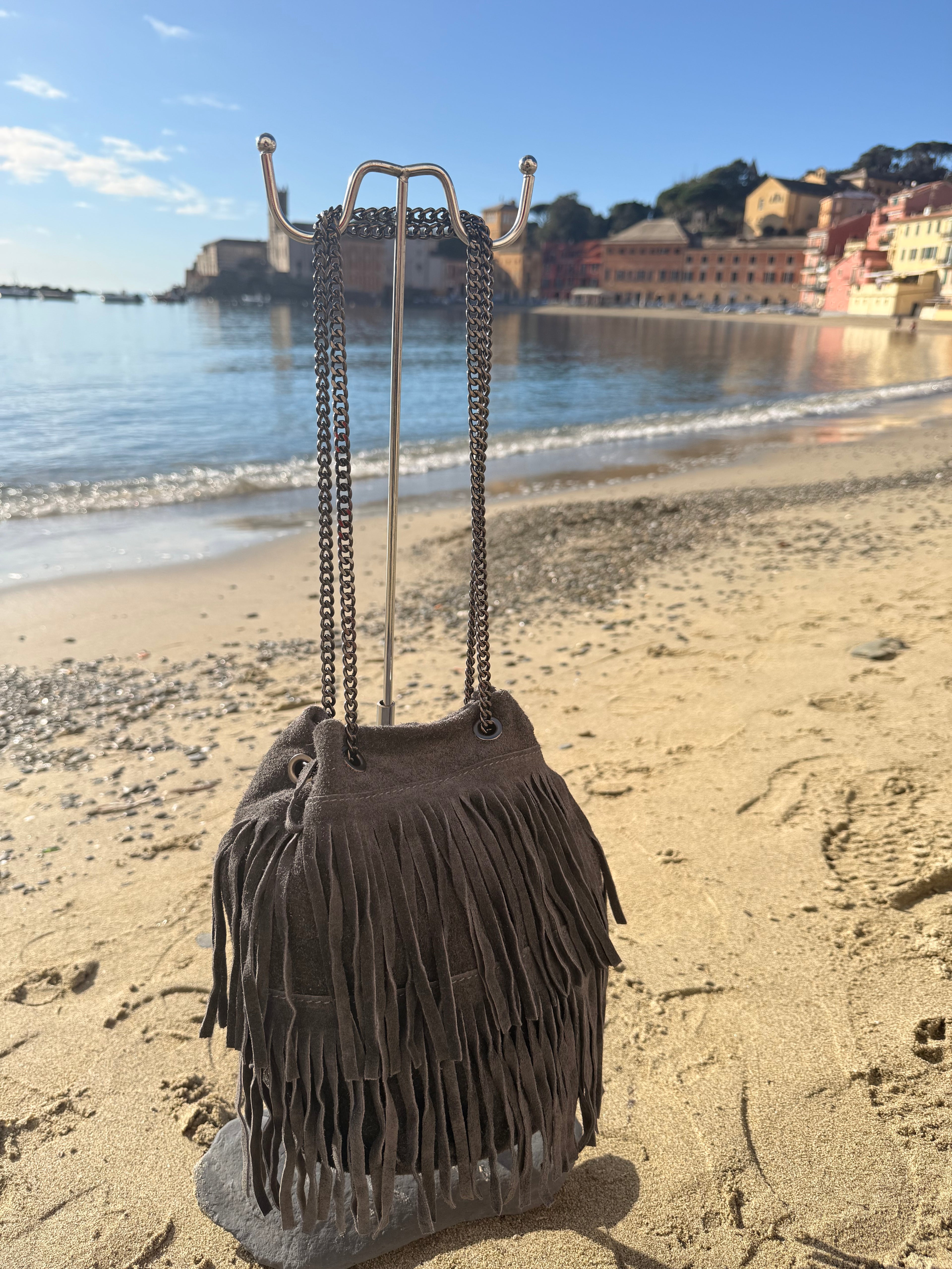 Borsa Barbara in Vera Pelle con frange e tracolla metallica