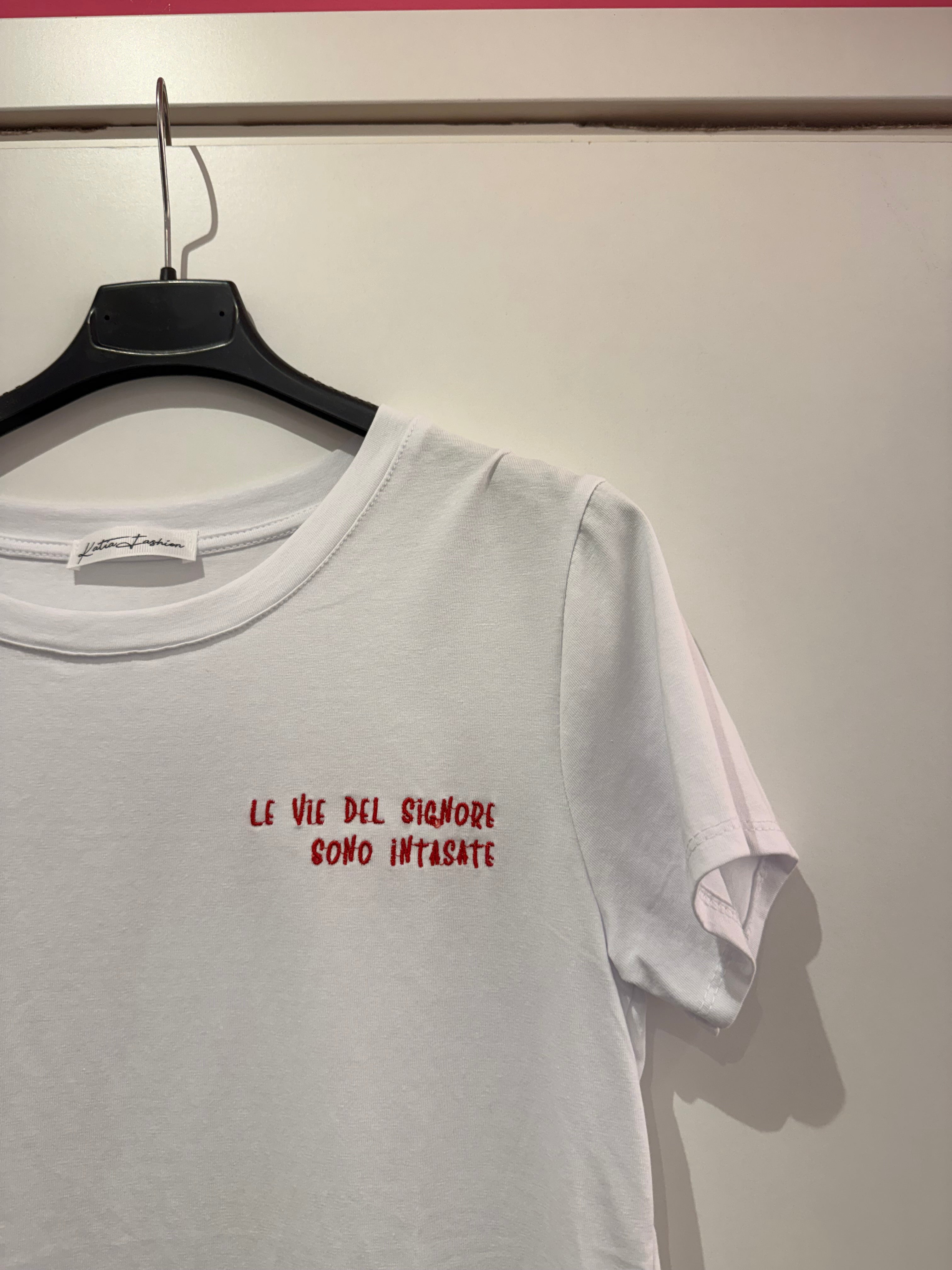 T-SHIRT FRASI DIVERTENTI IN COTONE RICAMATO ROSSO
