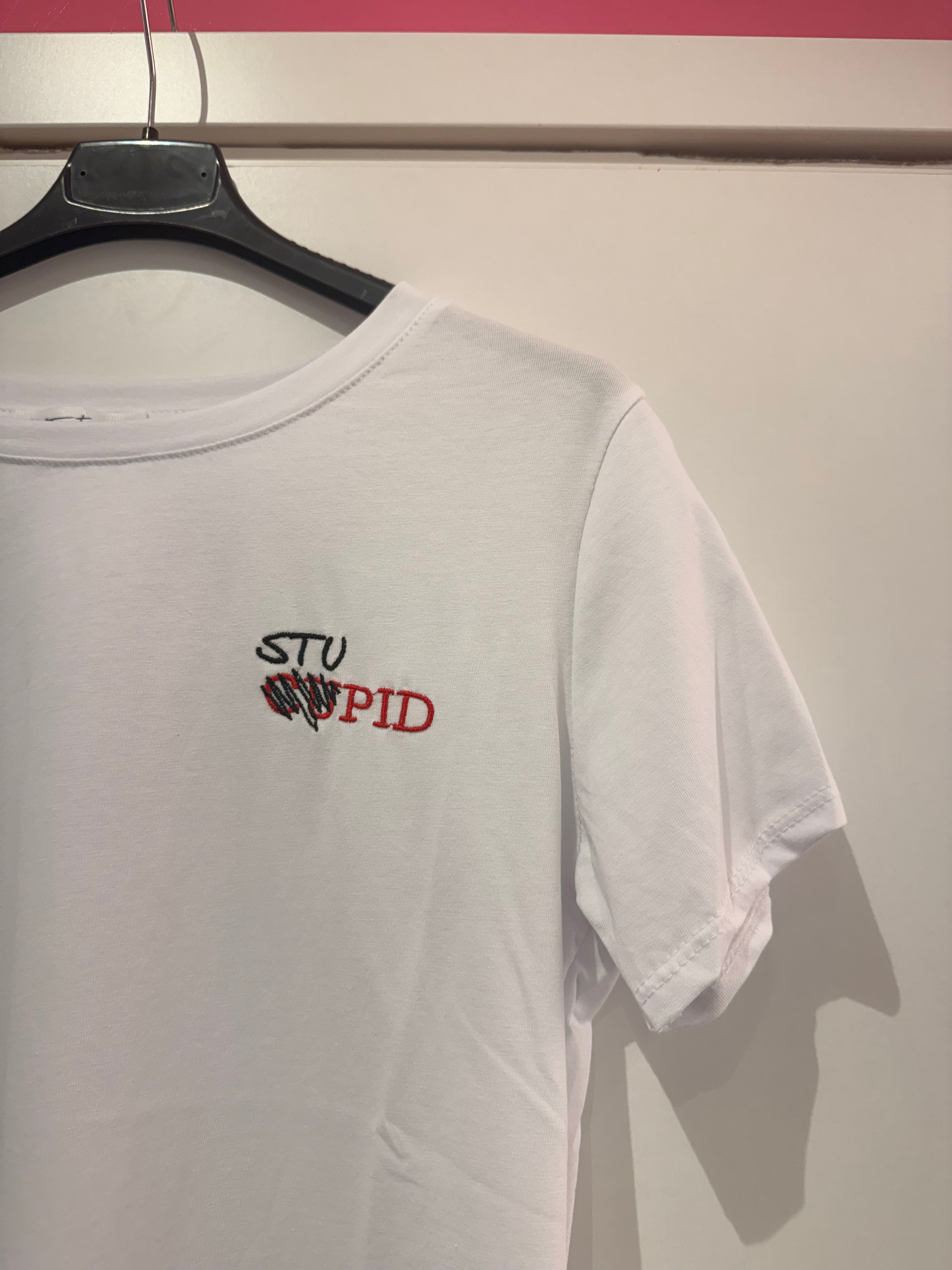 T-shirt scritte divertenti ricamo rosso e rosa 100% cotone