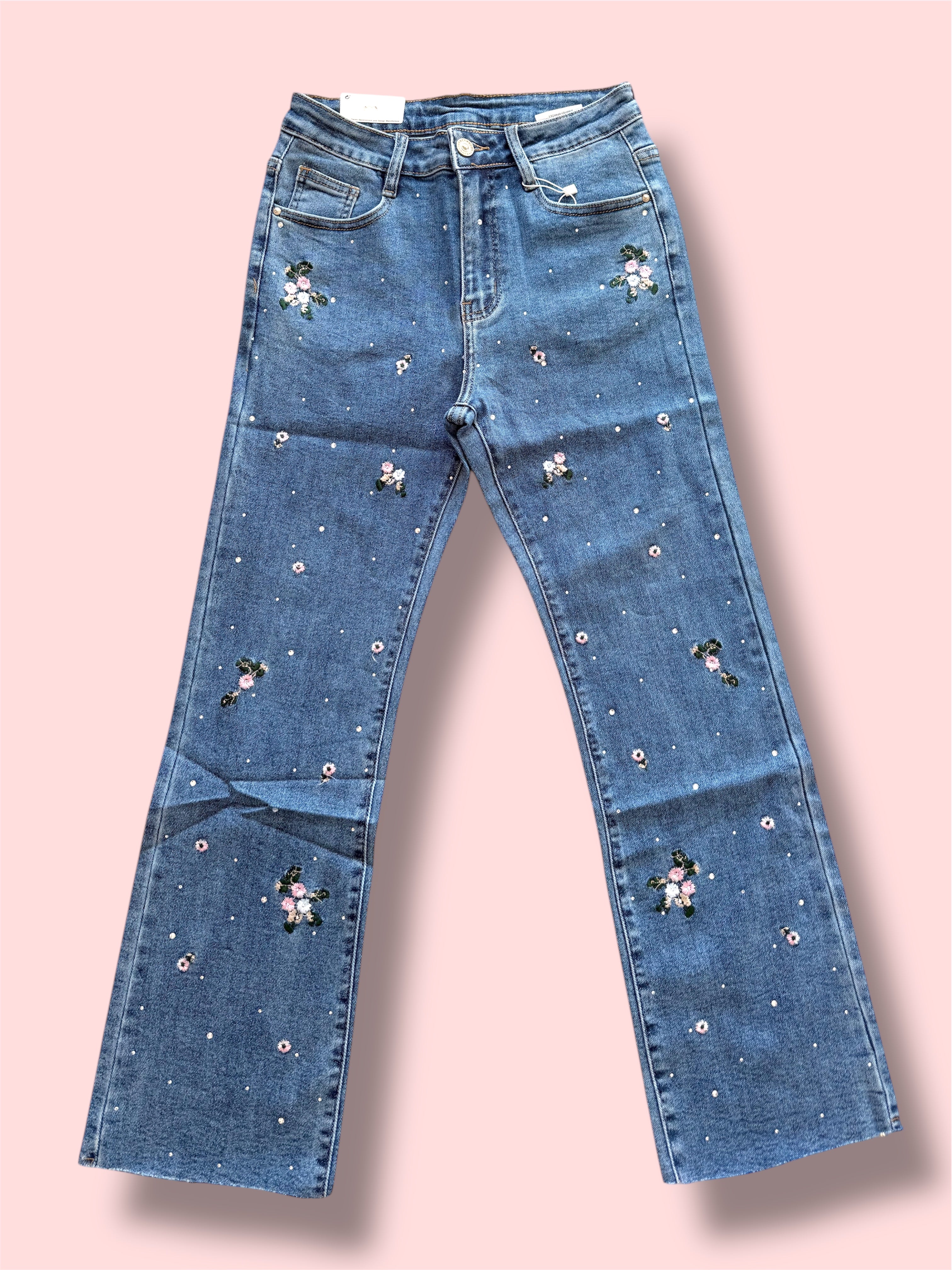 Jeans in Denim con ricami floreale