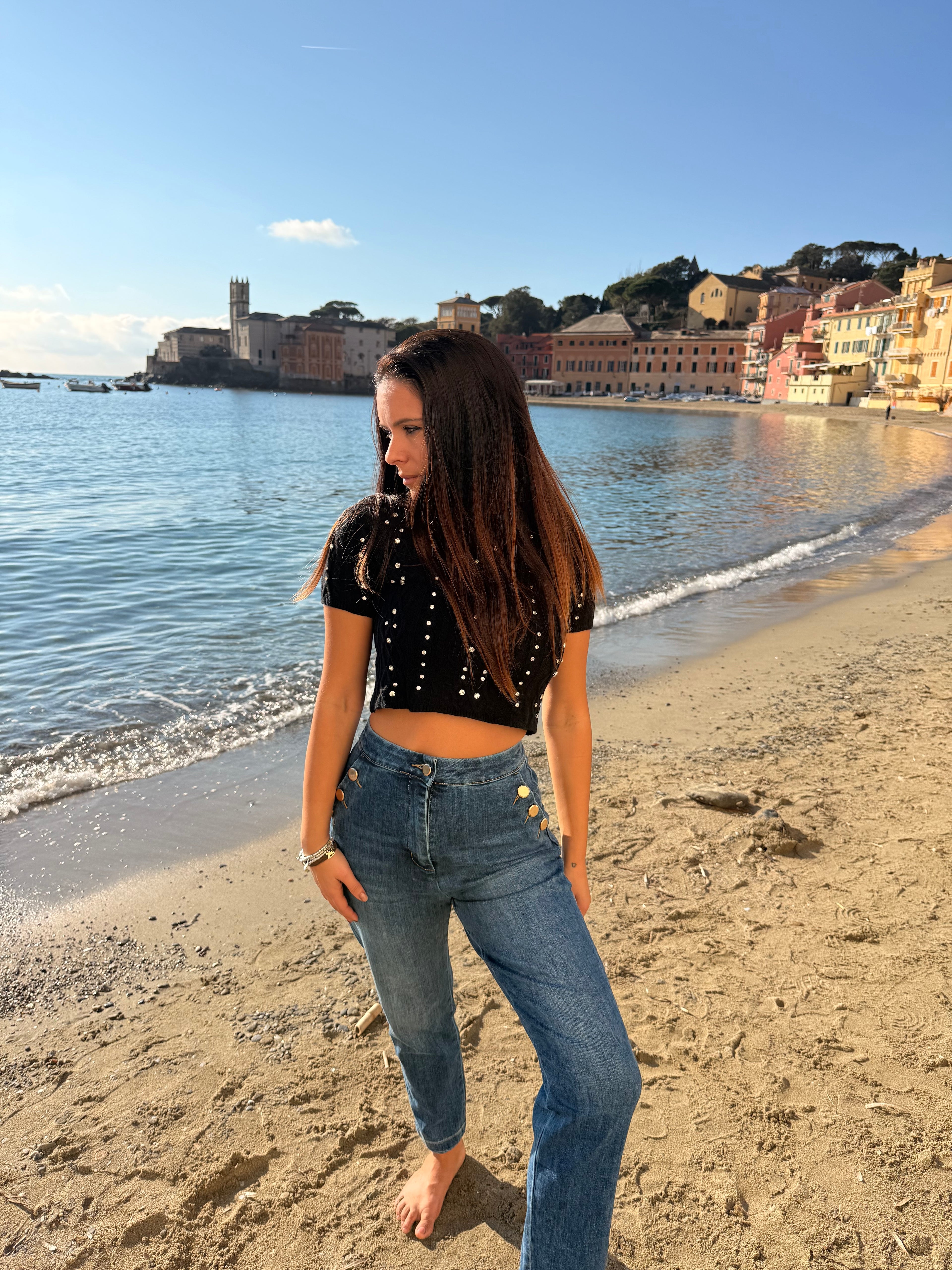 Jeans denim blu elegante elasticizzato con bottoni laterali oro