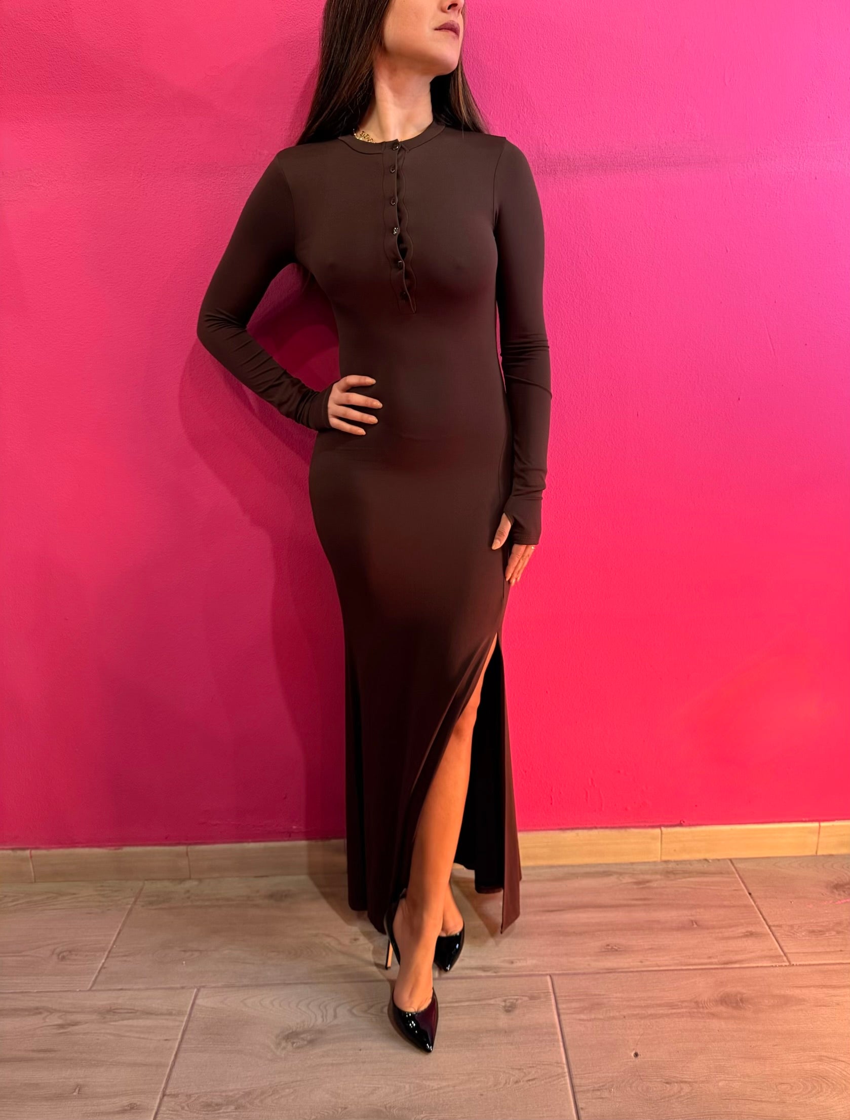 Abito Lungo “ Sere”con spacco laterale elasticizzato con bottoni