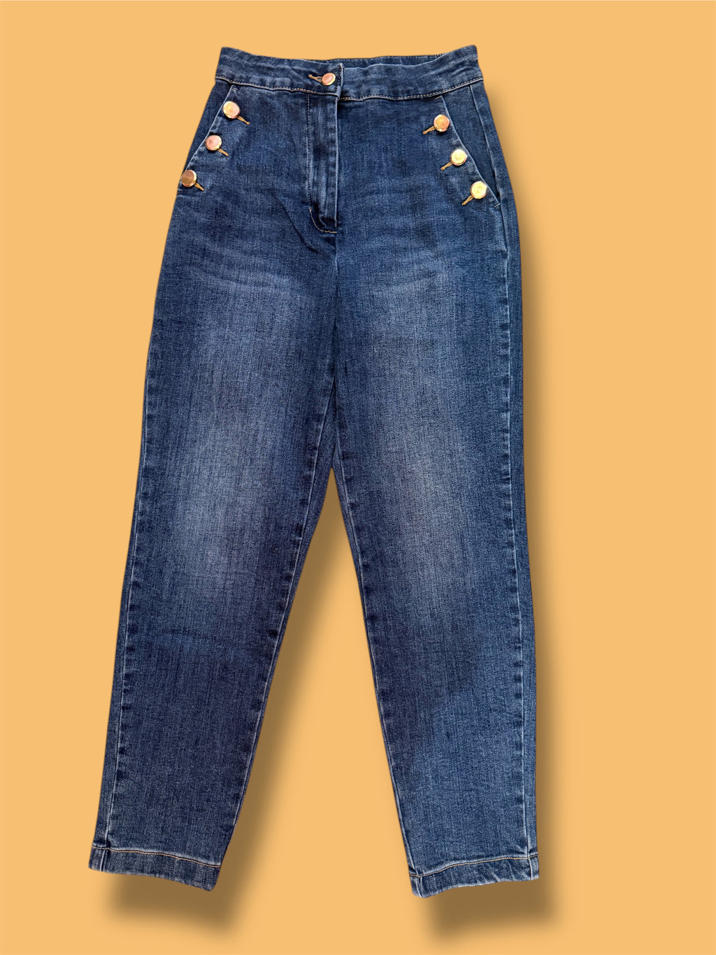 Jeans denim blu elegante elasticizzato con bottoni laterali oro