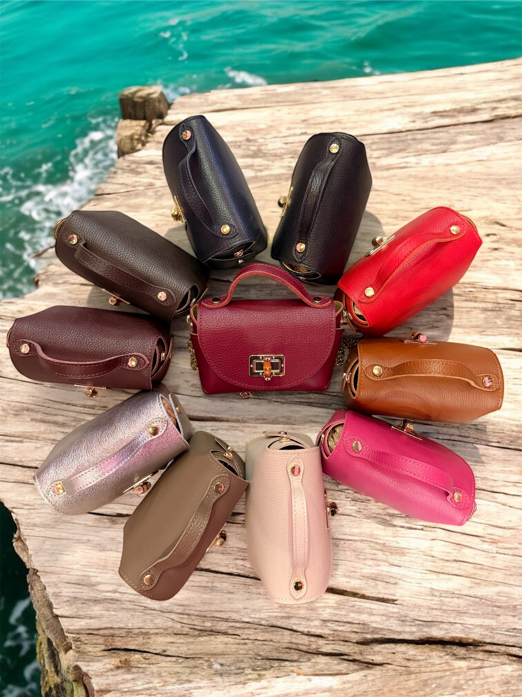 Borsa Eddy in vera pelle con tracolla metallica e inserto bambù hardware dorato